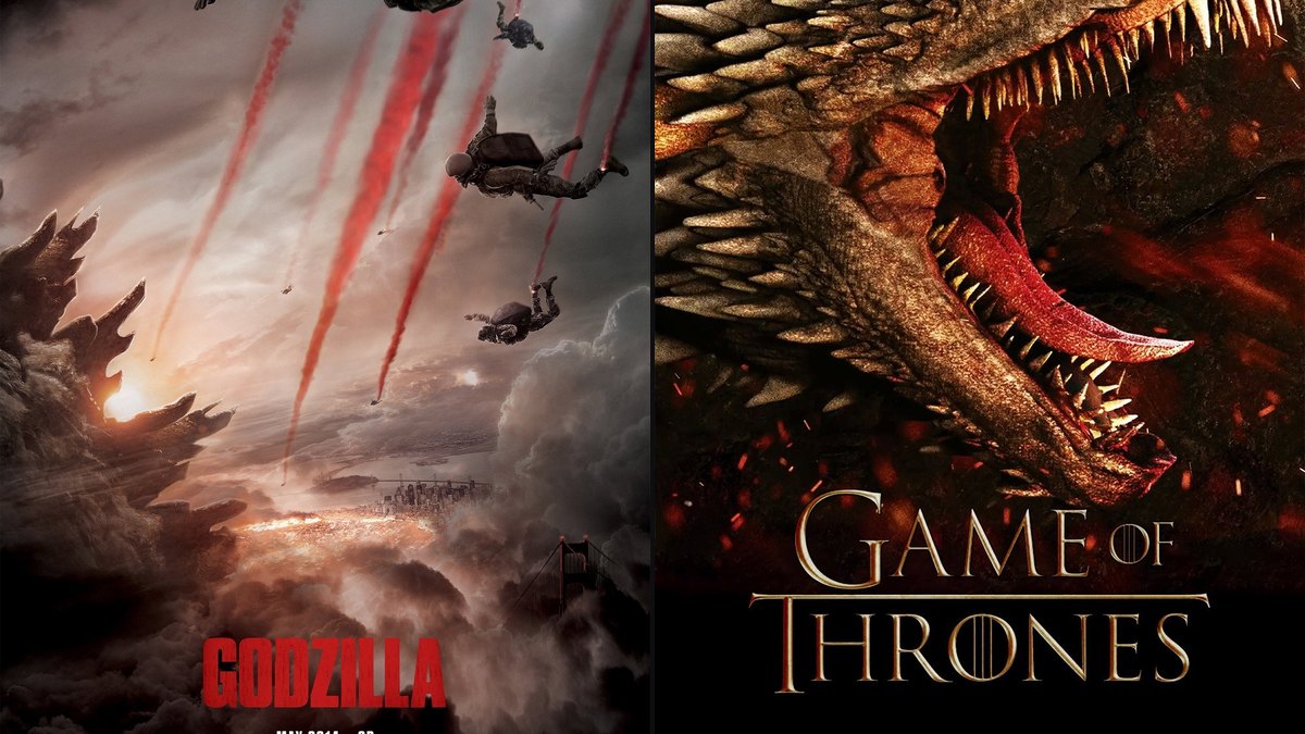Godzilla (2014) HALO-jump poster with red flares, and a Game of Thrones dragon poster with the series logo